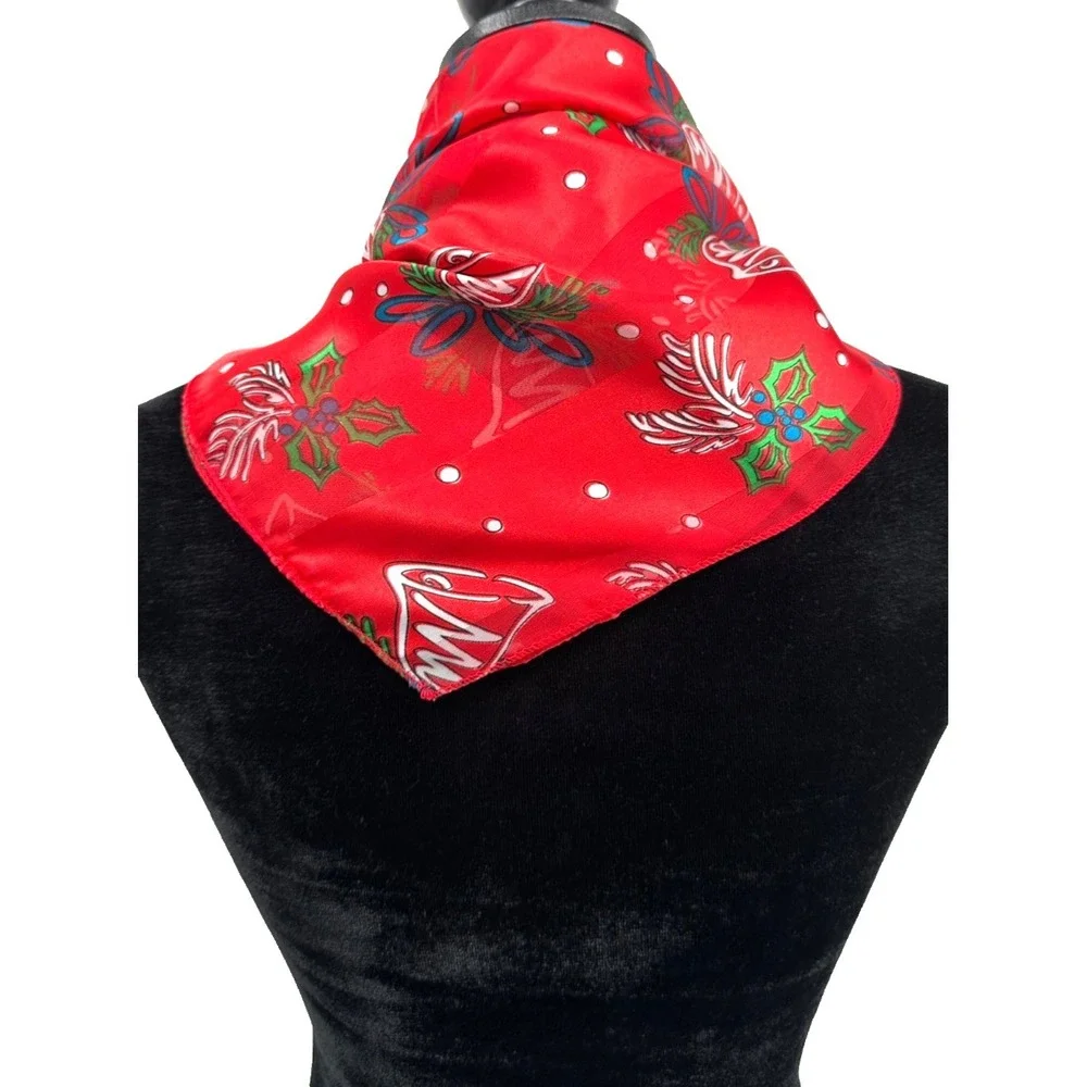 Classic Womens Red Tone‎ On Tone Stripe Holiday Silver Bells Square Scarf Korea